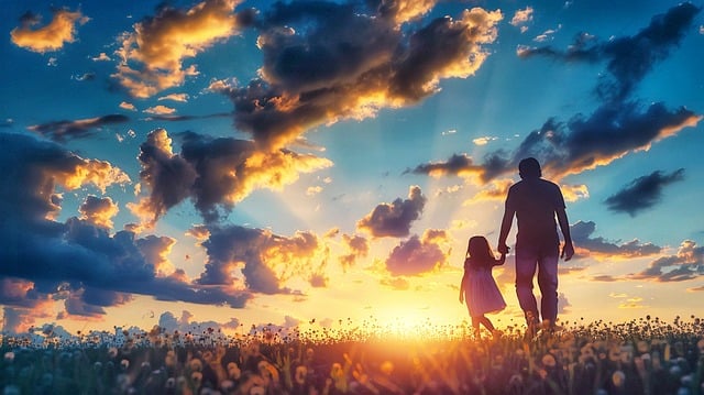 Father and daughter walking through field